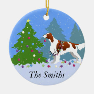 Ornement En Céramique Irish Red and White Setter Decorating Tree