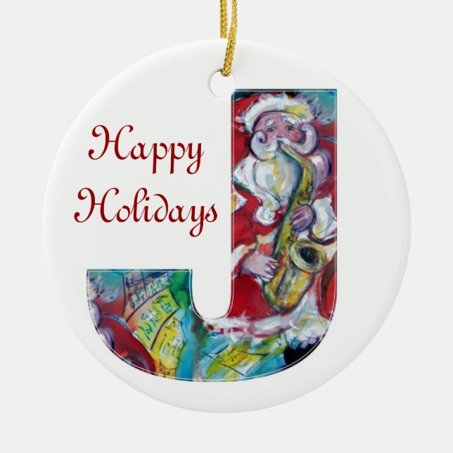 ORNEMENT EN CÉRAMIQUE J LETTRE /PÈRE NOËL ET SAX, MONOGRAMME DU PARTI DE (Devant)