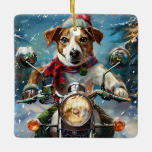 Ornement En Céramique Jack Russell Chien équitation Moto Noël