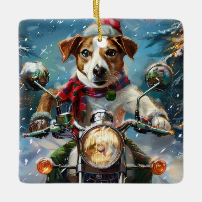 Ornement En Céramique Jack Russell Chien équitation Moto Noël (Devant)