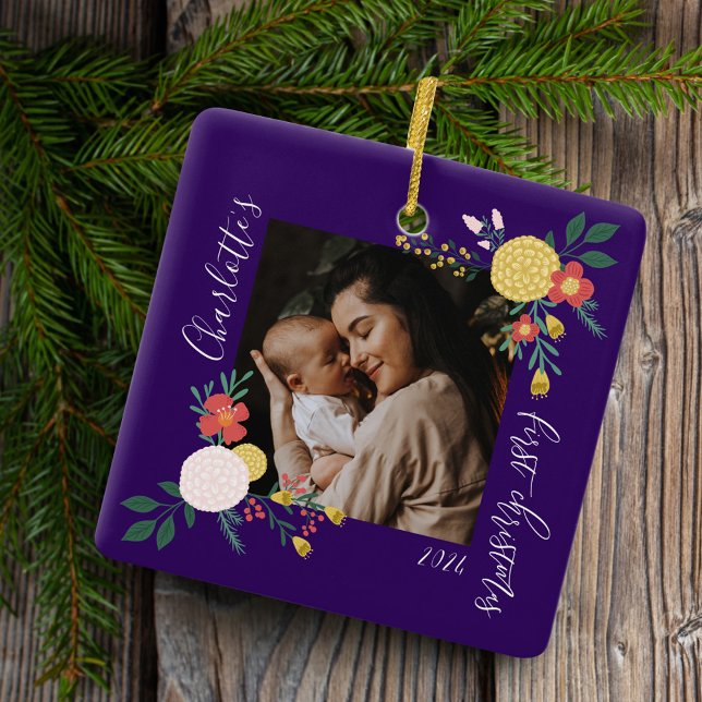 Ornement En Céramique Jardin botanique floral Elégant cadre photo violet (Botanical Floral Garden Elegant Photo Frame Purple Ceramic Ornament)