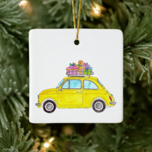 Ornement En Céramique Jaune Fiat 500 cadeaux de Noël Aquarelle