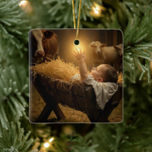 Ornement En Céramique Jésus bébé de Noël dans une crèche