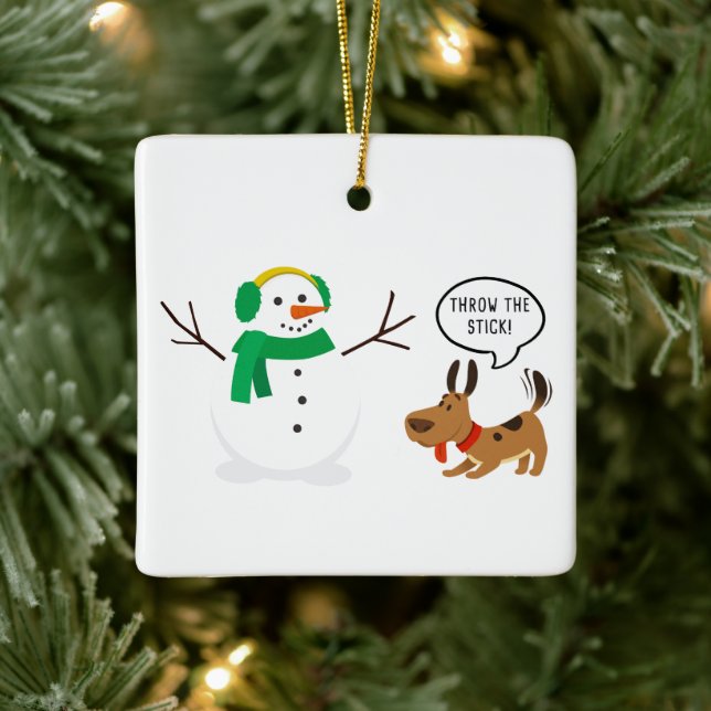 Ornement En Céramique Jetez Le Bâton Snowman & Chien Mignonne Noël Drôle (Arbre)