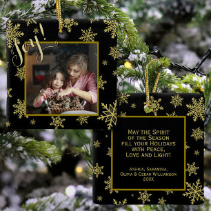 Ornement En Céramique Joie ! Élégant Snowflakes Gold Black Holiday Photo