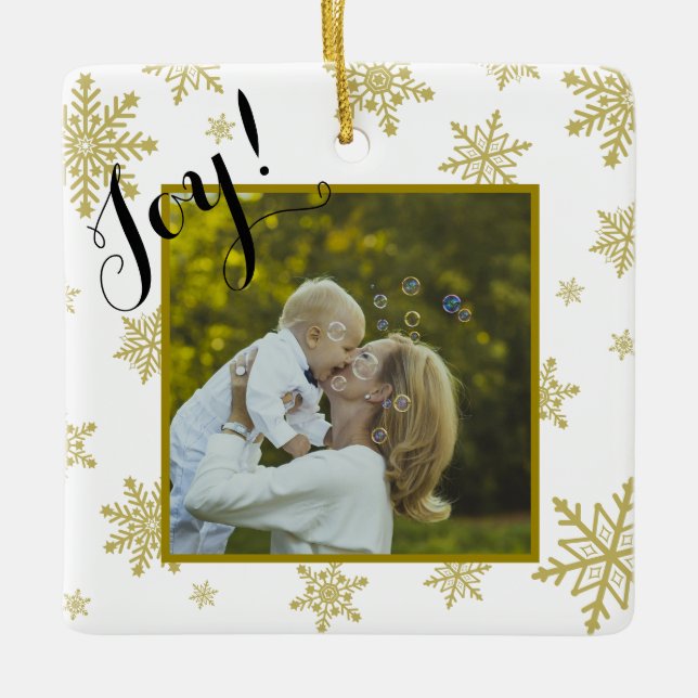Ornement En Céramique Joie ! Fun Gold & white Snowflakes Christmas Photo (Devant)