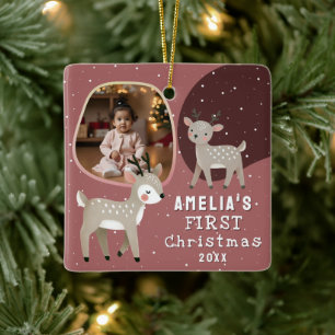 Ornement En Céramique Joli bébé 1ère Noël Photo Renne