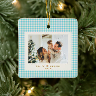 Ornement En Céramique Joli Gingham à carreaux bleu personnalisé Noël Pho