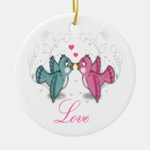 Ornement En Céramique Joli Inséparables rose bleu tourbillonne fleurs