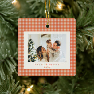 Ornement En Céramique Joli Noël photo personnalisée carreaux gingham ora