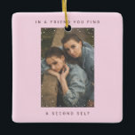 Ornement En Céramique Joli Rose Deux Photo Chute de neige Meilleurs Amis<br><div class="desc">Minimaliste Cute Pink Two Photo Snowfall Best Friends Photo Christmas Ceramic Ornament gardienne avec vos photos personnalisées (carré, paysage ou portrait, horizontal ou vertical) dans cadre de flocons de neige et avec film de bruit blanc vintage superposition, et vos vacances customisées, nom et texte en sans serif style et moderne,...</div>