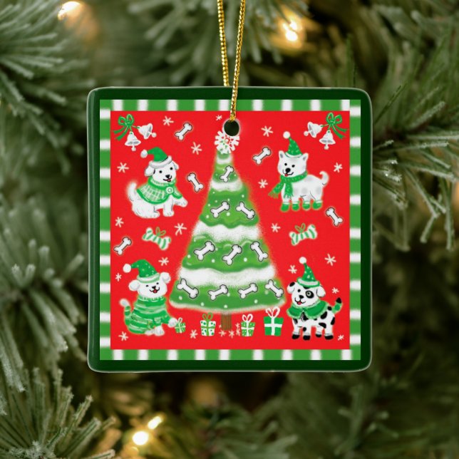 Ornement En Céramique Joli sapin de Noël et chiots avec des os (Arbre)