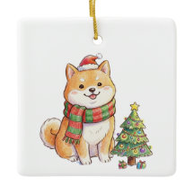 Joli Shiba Inu de Noël en chapeau et écharpe de Pè