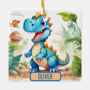 Ornement En Céramique Joli Trex Dinosaure Bleu Personnalisé