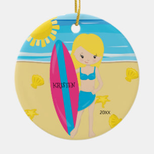 Ornement En Céramique Jolie fille blonde surfeuse Noël personnalisé