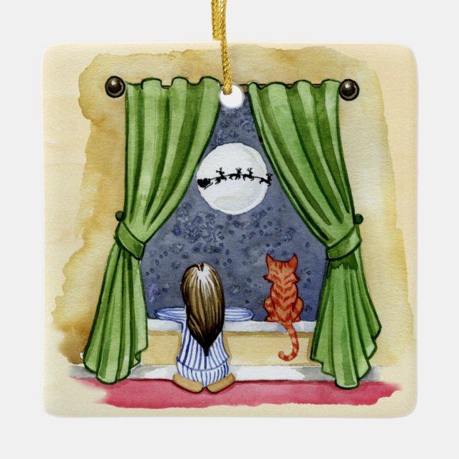 Ornement En Céramique Jolie réveillon de Noël Enfant & Chat Kitty Aquare (Devant)