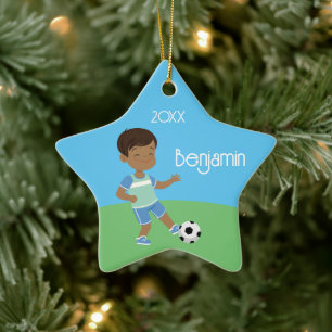 Ornement En Céramique Jote Black Boy Soccer Noël personnalisé