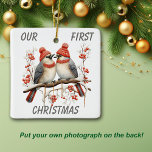 Ornement En Céramique Jote Winter Bird Premier Modèle de Noël<br><div class="desc">Voici un joli ornement modèle pour célébrer votre propre Noël spécial. L'avant a une adorable aquarelle de deux oiseaux d'hiver serrés sur une branche de baies rouges recouverte de neige. Le texte gris en haut et en bas dit "Notre premier Noël". Le dos a votre propre photo spéciale.</div>