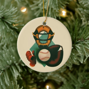 Ornement En Céramique Joueur de baseball vintage, receveur avec gant