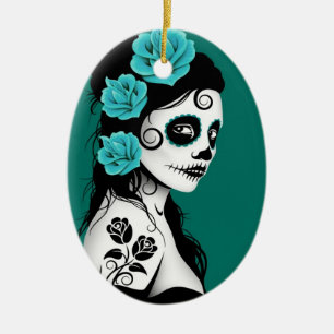 Ornement En Céramique Jour bleu turquoise de la fille morte de crâne de