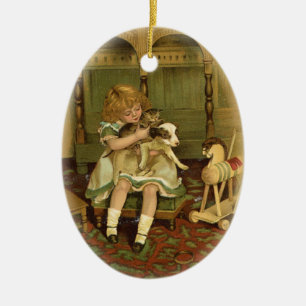 Ornement En Céramique Jovely Child Holding a Kitten Ornament