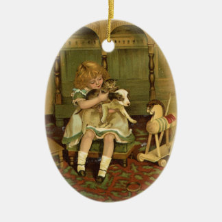 Ornement En Céramique Jovely Child Holding a Kitten Ornament