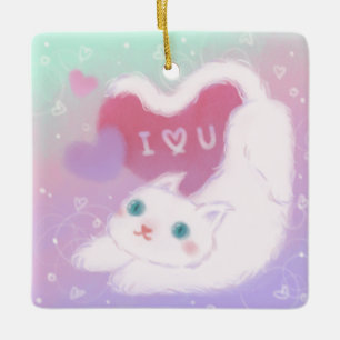 Ornement En Céramique Joyeuse Saint-Valentin avec chat blanc duveteux