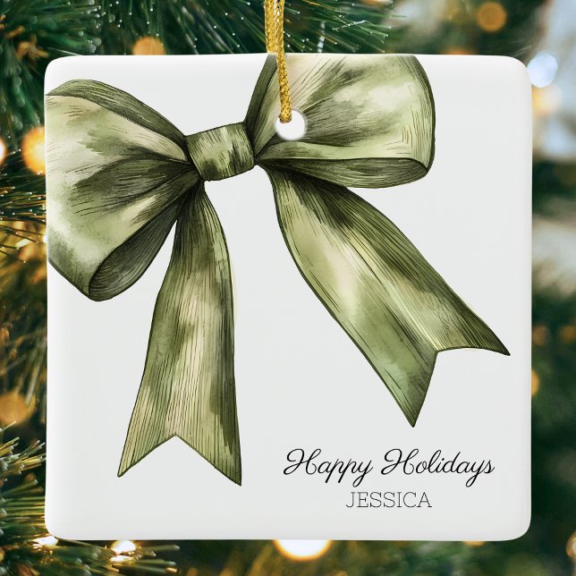 Ornement En Céramique Joyeuses Vacances Vert Aquarelle Bow Noël (Happy Holidays Green Watercolor Bow Christmas Ceramic Ornament)