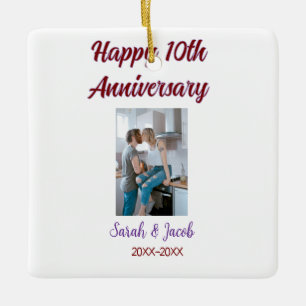 Ornement En Céramique Joyeux 10e anniversaire photo mariage nom du coupl