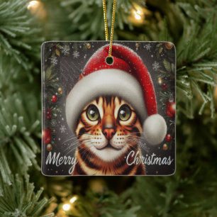 Ornement En Céramique Joyeux chat Bengal de Noël, Noël Chat Bengal de Pè