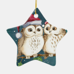 Ornement En Céramique Joyeux Chouettes de Noël