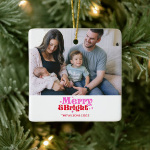 Ornement En Céramique Joyeux et rose vif et rouge Noël personnalisé