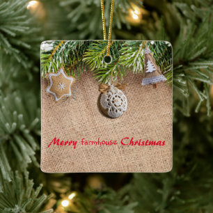 Ornement En Céramique Joyeux Farmhouse de Noël Rustique Burlap