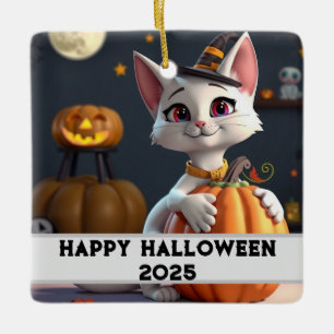 Ornement En Céramique Joyeux Halloween Chat Blanc Citrouille 
