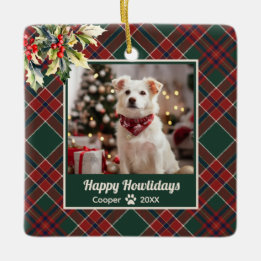 Ornement En Céramique Joyeux Howlidays Chien Vert Rouge Rouge Plaid Noël