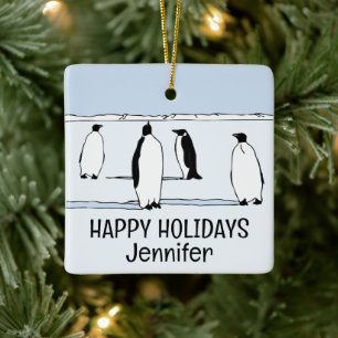 Ornement En Céramique Joyeux jours fériés Penguin hiver Noël Nom du Cool