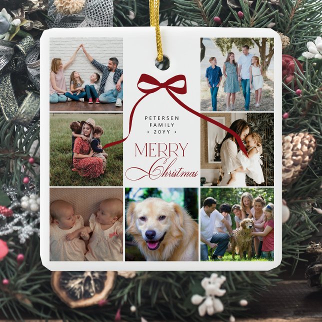 Ornement En Céramique Joyeux Noël arc rouge personnalisé collage photo (Créateur téléchargé)