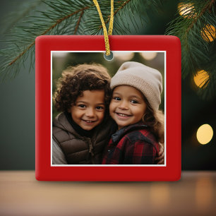 Ornement En Céramique Joyeux Noël avec une photo Carré - rouge