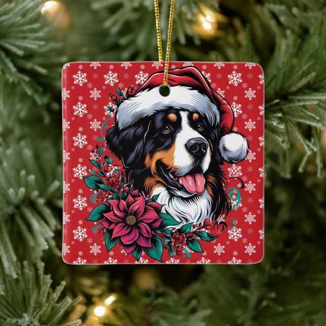 Ornement En Céramique Joyeux Noël Bernese Mountain Dog Santa Hat (Arbre)
