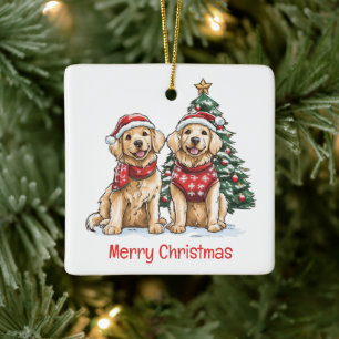 Ornement En Céramique Joyeux Noël Chiens Retriever dorés