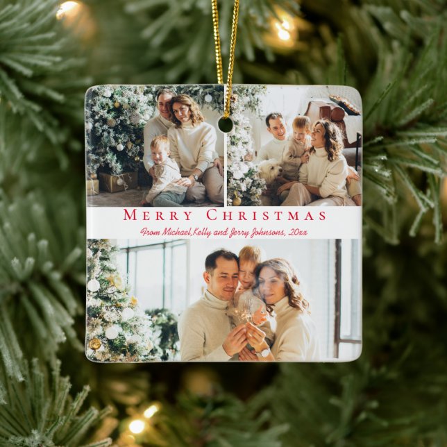 Ornement En Céramique joyeux Noël écriture rouge 3 photos collage famill (Arbre)