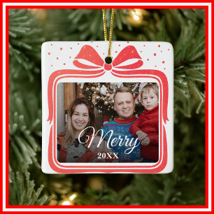 Ornement En Céramique Joyeux Noël Élégant Nœud Cadeau Photo Collage