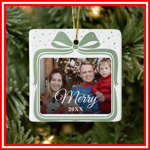 Ornement En Céramique Joyeux Noël Élégant Nœud Cadeau Photo Collage