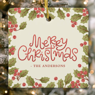 Ornement En Céramique Joyeux Noël Feuilles de houx à l'aquarelle