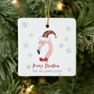 Ornement En Céramique Joyeux Noël Flamant rose de chapeau de Noël Snowfl