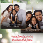 Ornement En Céramique Joyeux Noël Gold Heart Modern Script Photo<br><div class="desc">Un ornement minimaliste de vacances photo en famille dans un script moderne typographie design lecture Joyeux Noël sous un coeur doré imprimé avec votre photo préférée. Apportez de la joie à vos proches avec ce cadeau de Noël à la mode, simple et mignon. Le dos affiche vos noms personnalisés, année,...</div>