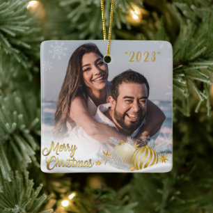 Ornement En Céramique Joyeux Noël Gold Snowflake Personnalisé