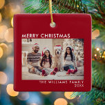 Ornement En Céramique Joyeux Noël moderne Red Holiday<br><div class="desc">Photo de vacances moderne Joyeux Noël,  Caractéristiques police minimale simple Joyeux Noël. Personnalisez avec votre nom de famille et votre année.</div>