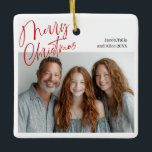 Ornement En Céramique Joyeux Noël Multi deux photos Design Rouge<br><div class="desc">Joyeux Noël multi-photo design avec deux photos,  écriture rouge</div>