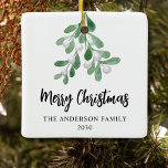 Ornement En Céramique Joyeux Noël Nom de famille Élégant Botanique<br><div class="desc">Cet élégant ornement de Noël est décoré avec des feuilles d'aquarelle et des baies. Facile à personnaliser. En créant notre oeuvre,  vous ne trouverez pas cette image exacte d'autres créateurs. Aquarelle originale © Michele Davies.</div>